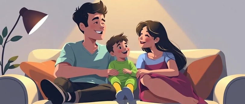 Família sorridente sentada no sofá, dialogando e fortalecendo a conexão entre pais e filho, simboliz