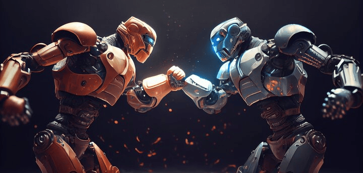 two robots fighting over a firework