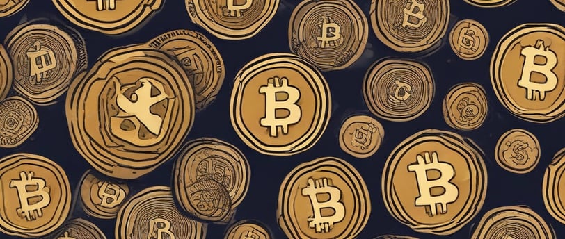 A stylized image features a pastel-colored wallet surrounded by symbols of digital currency, such as Bitcoin and Tezos icons. There are also illustrative graphics resembling mountains and a play button. The background is a solid lavender color, complementing the soft tones of the design.