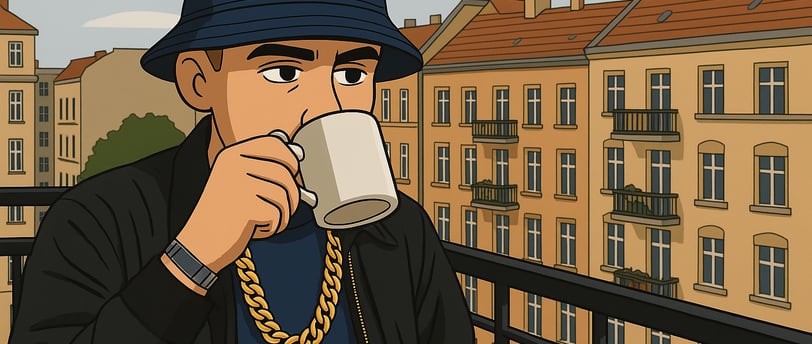 Hustensaft Jüngling auf einem Balkon, entspannt beim Kaffeetrinken. Die Figur trägt stilvolle Freizeitkleidung und blickt ruh