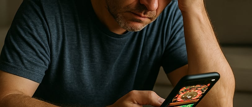 a man sitting at a table with a cell phone