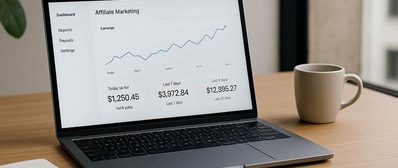 Laptop with affiliate marketing dashboard on an elegant desk.