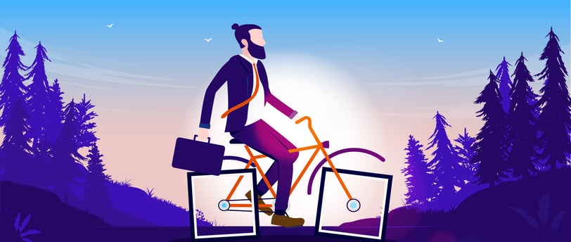 a man riding a bicycle with a B2B social selling  briefcase and a briefcase