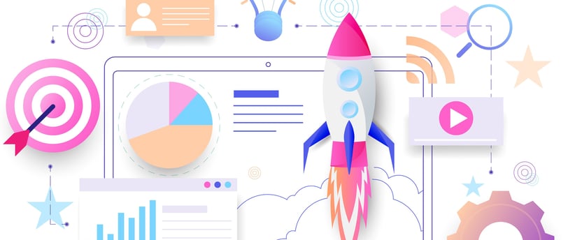 a rocket ship with a rocket on top of it Depicting Optimising social selling