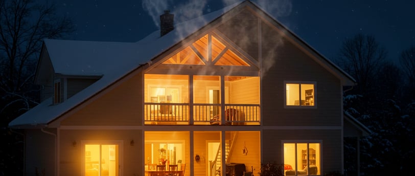 House showing warm air rising from living spaces into an attic, where condensation forms on the un