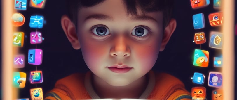 Niño con ojos grandes mirando una tableta iluminada, rodeado de iconos coloridos en un ambien