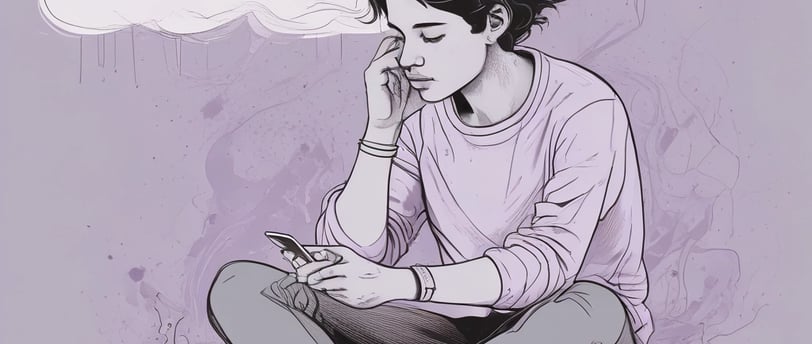 Ilustración de joven mirando el teléfono móvil con tono desinteresado y aburrido