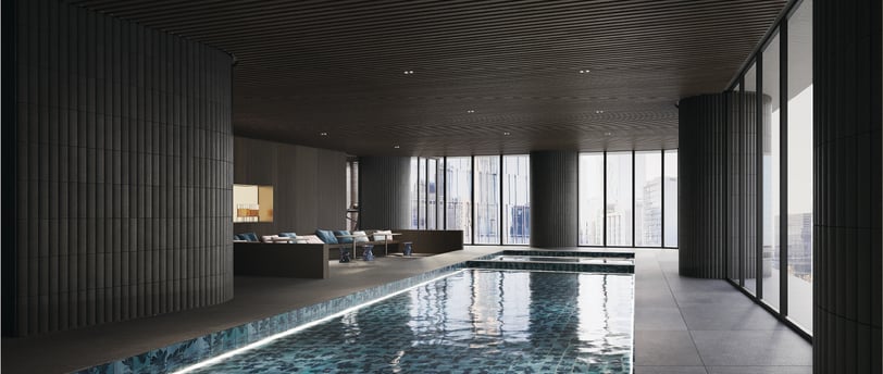 a pool with a view of a living room and a view of a living room