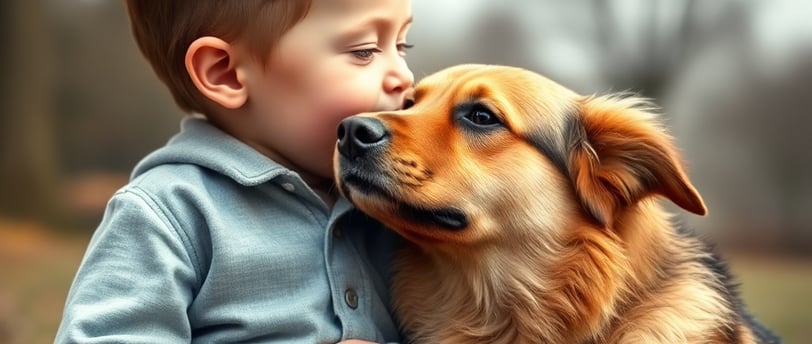a young boy is kissing his dog and kissing his dog