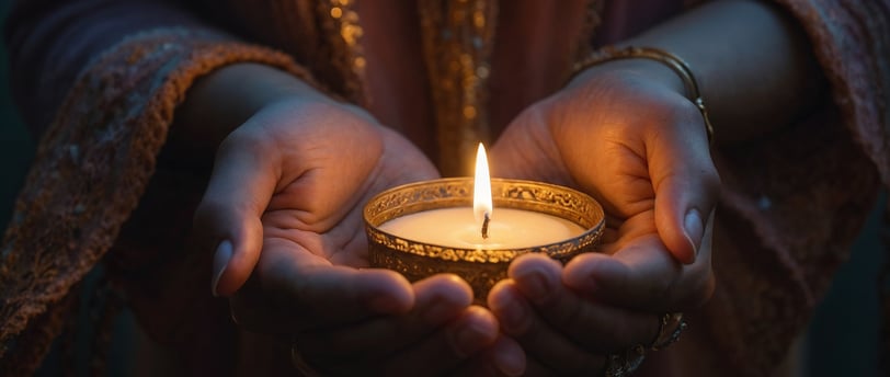 a person holding a lit candle in their hands