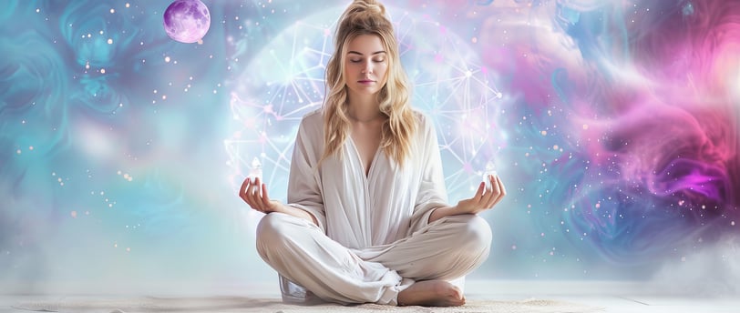 Woman Meditating Sitting pastel cloud background