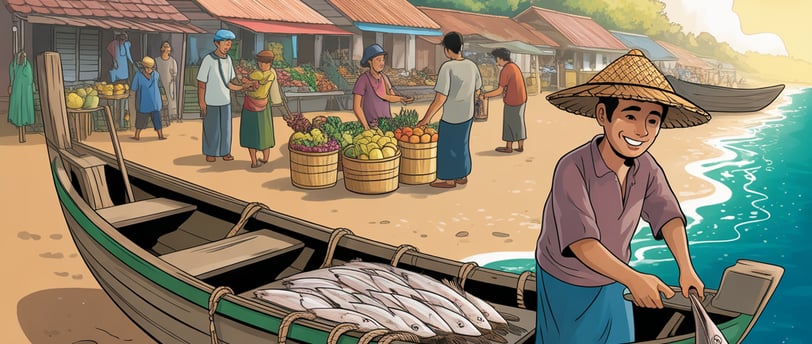 a man in a straw hat is holding a fish in a boat