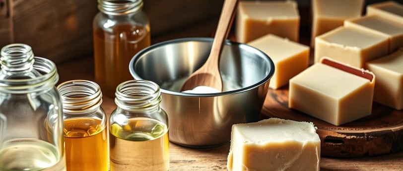 cold process soap bars with metal bowl and glass jars of oils