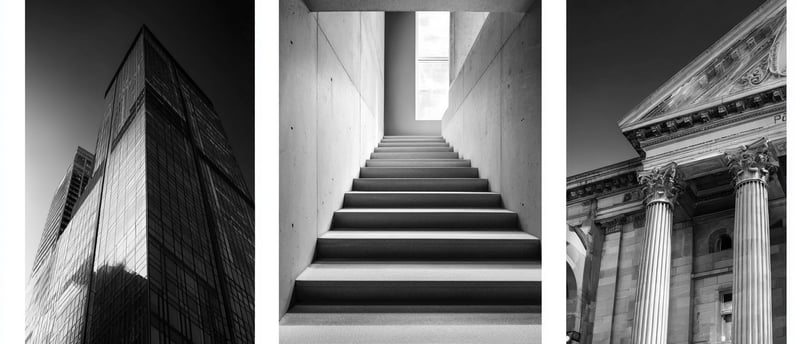 Three architectural images: glass tower, stairs, columns.