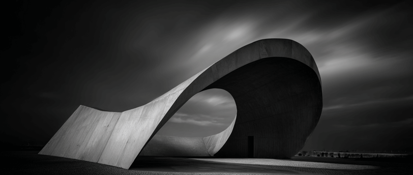 Curved concrete structure in dramatic black and white.