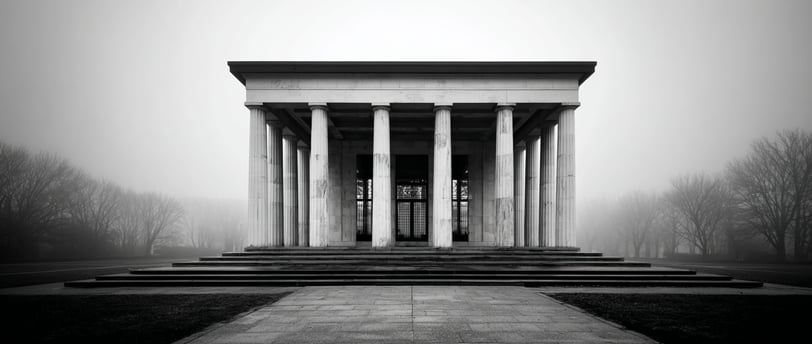 Foggy neoclassical building with tall columns.