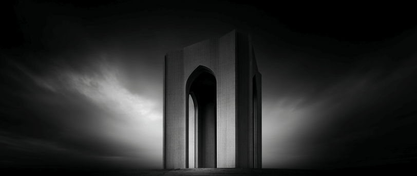 Modern tower with arches under moody sky.