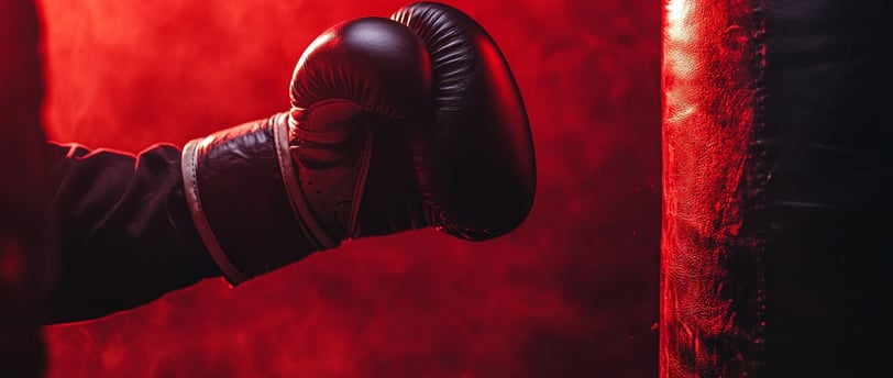 Gant de boxe en cuir noir sur fond rouge intense avec effet dramatique et éclairage atmosphérique
