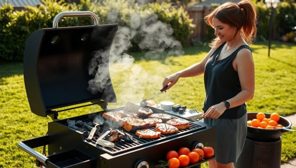 lady grilling food on large barbecue