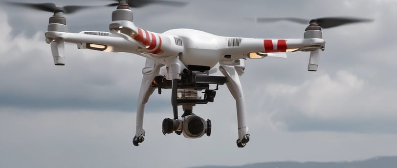 A detailed close-up of a high-tech drone, featuring a prominent Hasselblad camera with a wide-angle lens. The design is sleek and modern with a metallic finish, and the drone appears to be set on a table with a blurred background.