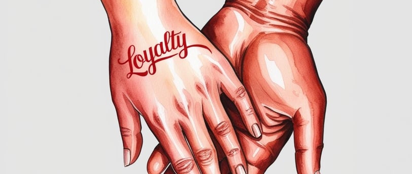 a couple holding hands with a loyalty tattoo one one of their hands. 