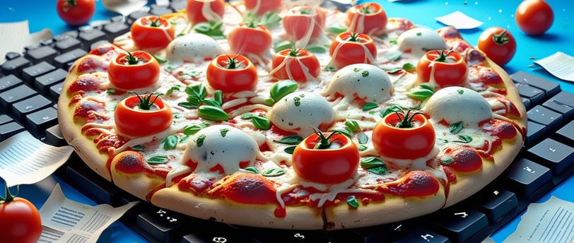 a pizza with tomatoes and cheese on a keyboard