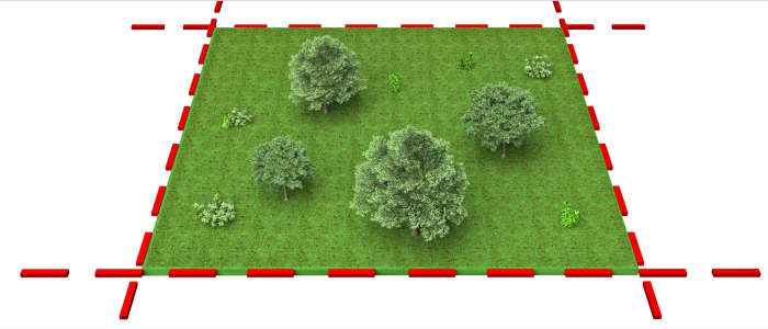 Imagem de um terreno com linhas tracejadas vermelhas, mostrando seus limites