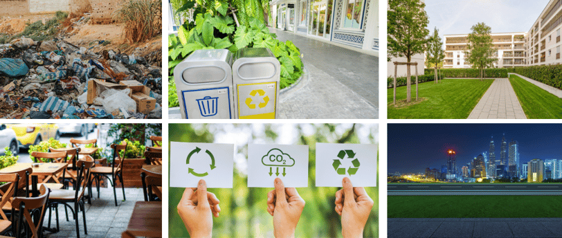 uma montagem de fotos com poluição, reciclagem e cidades