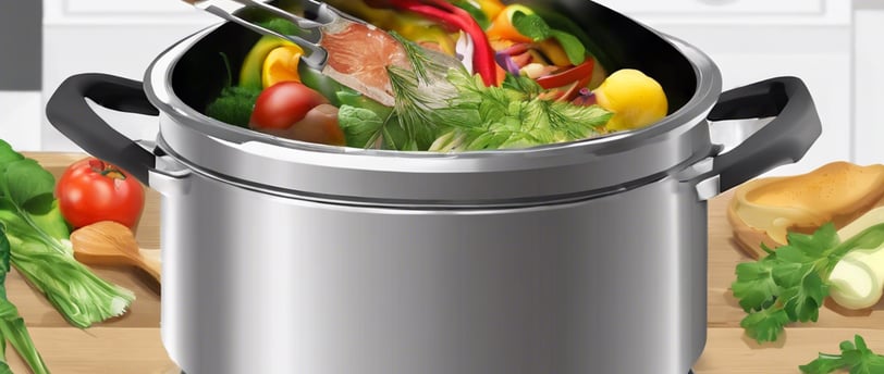 A pair of hands is stirring a pot filled with various chopped vegetables, including carrots, potatoes, and green beans. The pot sits on a stove, and the surrounding kitchen area is dimly lit, giving a warm ambiance to the scene.