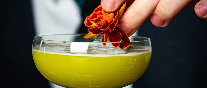 Bartending Garnishing a cocktail with a Marigold Flower