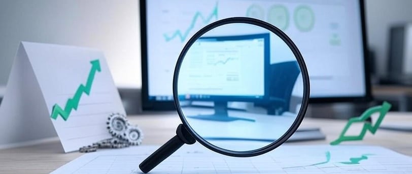 Imagen ilustrativa de conceptos de SEO, con una lupa, un gráfico, enlaces y engranajes, simbolizados