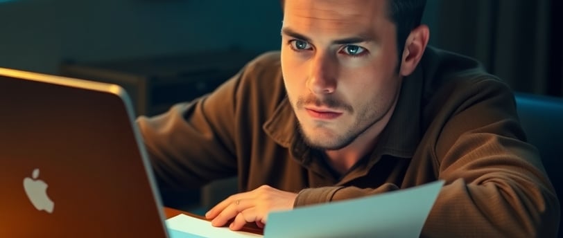Confident actor reviewing IMDb Starmeter profile on laptop with headshots and casting calls.