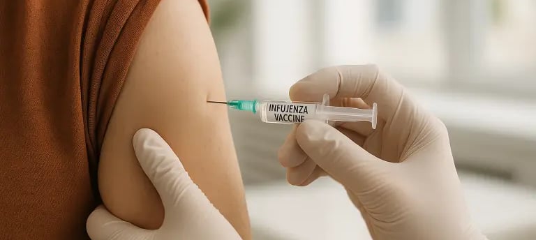 Profissional aplica vacina da gripe em braço exposto, transmitindo cuidado e prevenção à saúde.