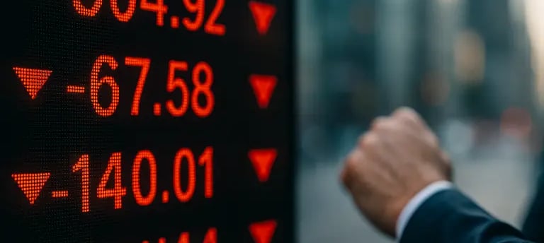 Painel de ações exibe números em queda e setas vermelhas; mão tensa sugere ansiedade econômica.