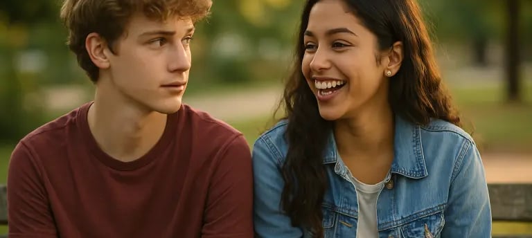 Dois adolescentes sentados em banco de praça riem juntos; ele olha para ela com leve intensidade.