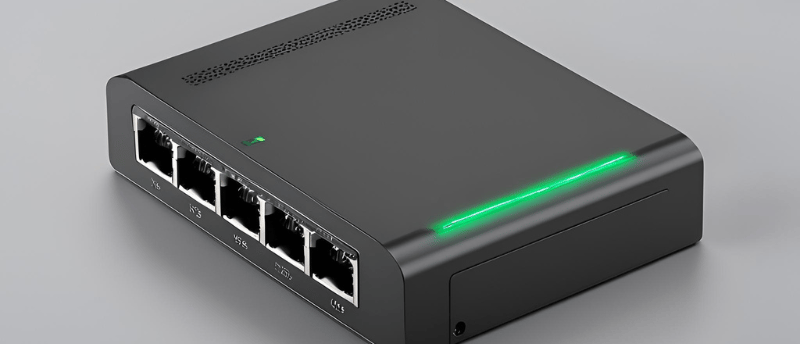 5 port ethernet switch, unbranded with a green light 