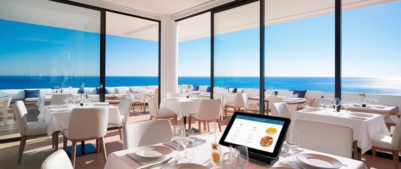 Una imagen de un moderno restaurante en la Costa Brava, con elementos digitales en pantalla (por eje