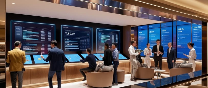 Restaurante moderno con tecnología digital integrada, demostrando la convergencia de IA, automatizac