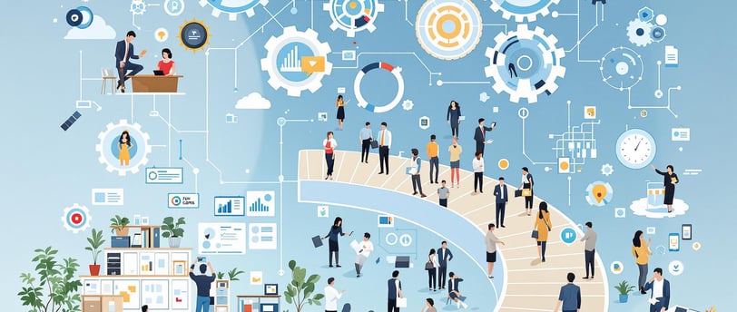 Ilustração conceitual de um ambiente corporativo e tecnológico representando agilidade e velocidade.