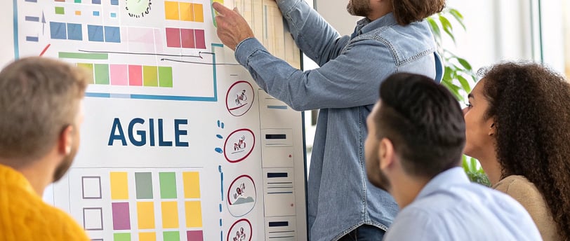 Equipe em reunião ágil com facilitador explicando um quadro Kanban cheio de notas adesivas