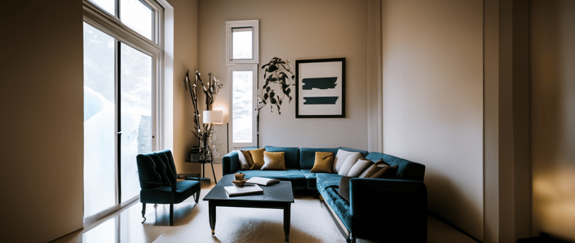 a living room with a couch and a table