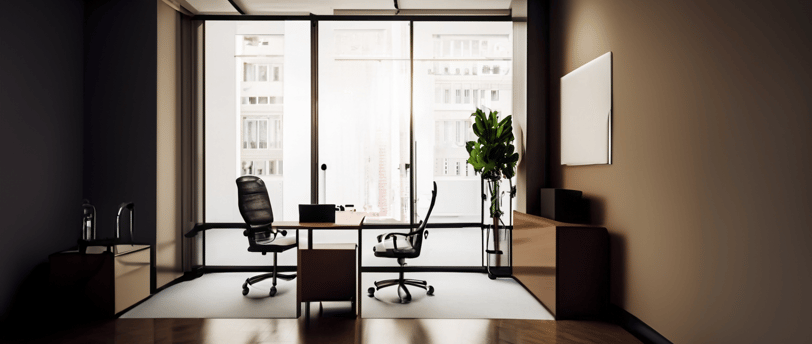 a desk with a chair and a desk with a plant in the background