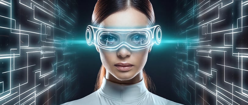 a woman in a futuristic suit with a futuristic eyepiece