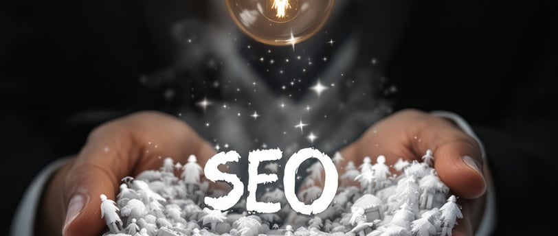 Imagen creativa con una bombilla y la palabra SEO