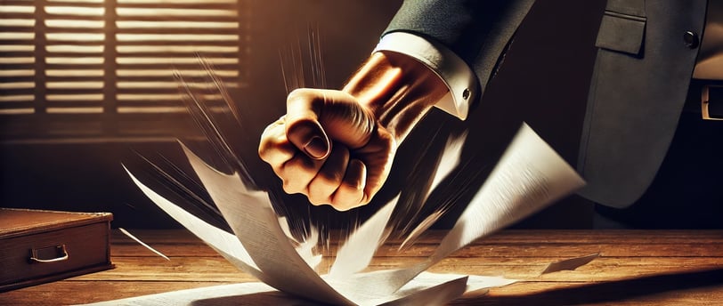 Mano firme golpeando una mesa mientras deja caer un documento de nombramiento de perito, simbolizando decisión y autoridad fr