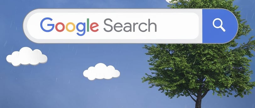 Google Search logo in a search box floating in sky. Article about using AI to write Alt Image Text.