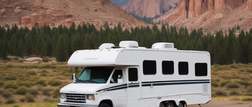 A white RV camper with the brand name 'Windsor' is parked by the side of a road. The scene is surrounded by large, leafless trees that suggest a late autumn or early winter atmosphere. The lighting appears to be low, possibly during twilight, casting deep shadows across the scene. Other vehicles can be faintly seen in the background among the trees.