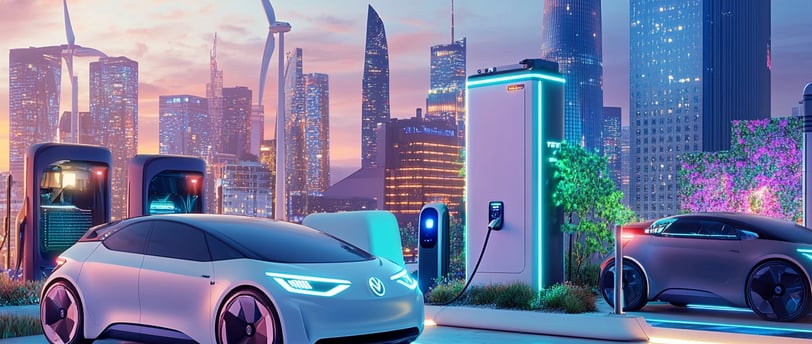 a futuristic electric car charging station with a city skyline in the background