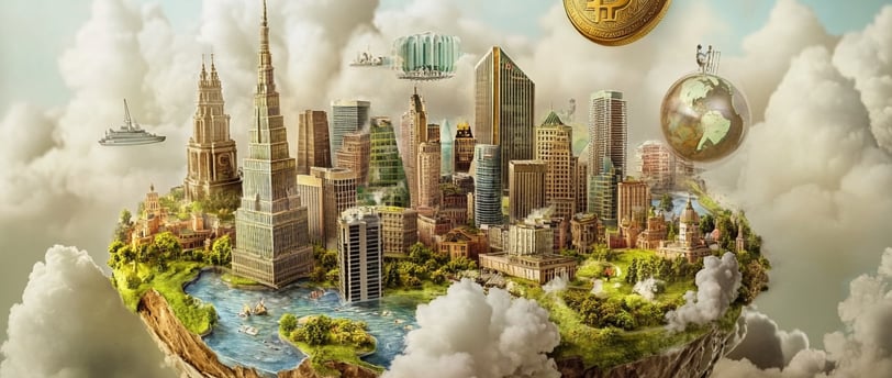a cityscape of a floating island with a bitcoin bitcoin