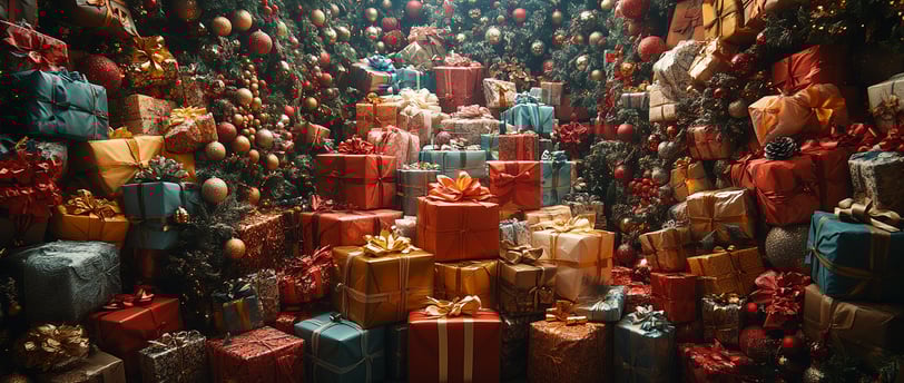a room with many presents and presents on it
